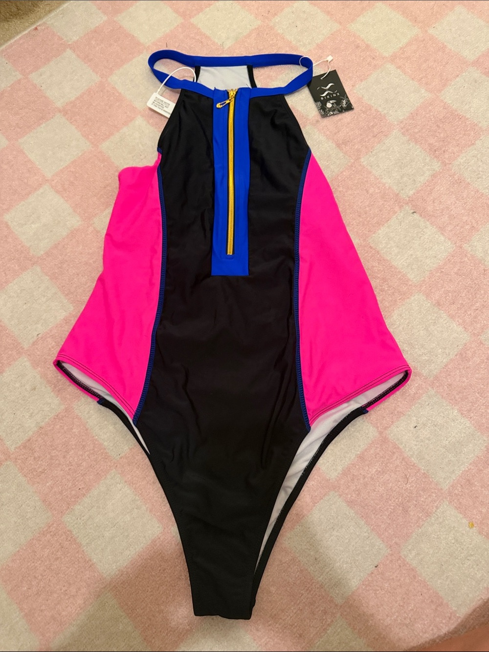 High-Neck One-Piece Swimsuit in Black with Hot Pink Panels and Blue Trim